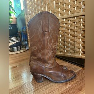 True vintage brown leather cowboy boots, mid calf with a two inch heel
